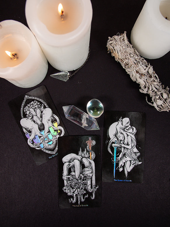 holographic tarot cards Crystalstruck Tarot Silver Holographic Limited Edition 78 card deck- By Moonstruck Crystals Art by Kara Pavlik